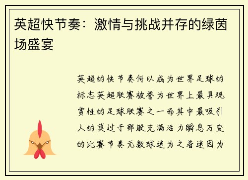英超快节奏：激情与挑战并存的绿茵场盛宴